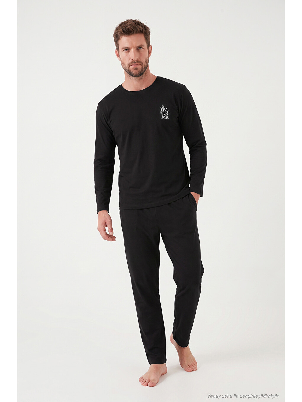 Siyah Minimal Baskılı Pamuklu Uzun Kollu Pijama Takımı 6575005-4