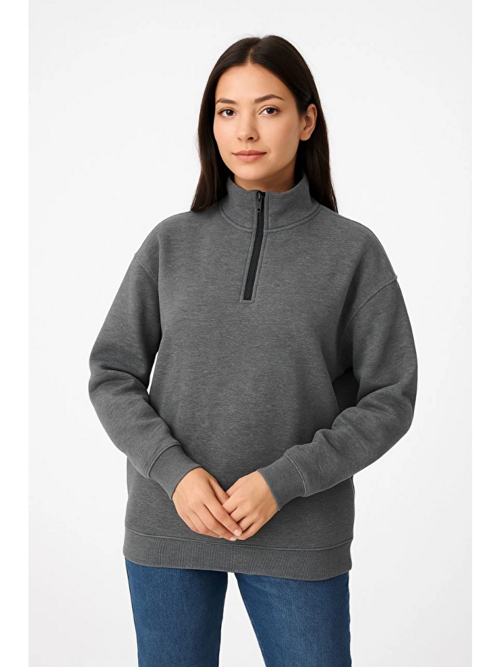 Üç İplik Dık Yaka Yarım Fermuarlı Sweatshirt - Antrasit-1