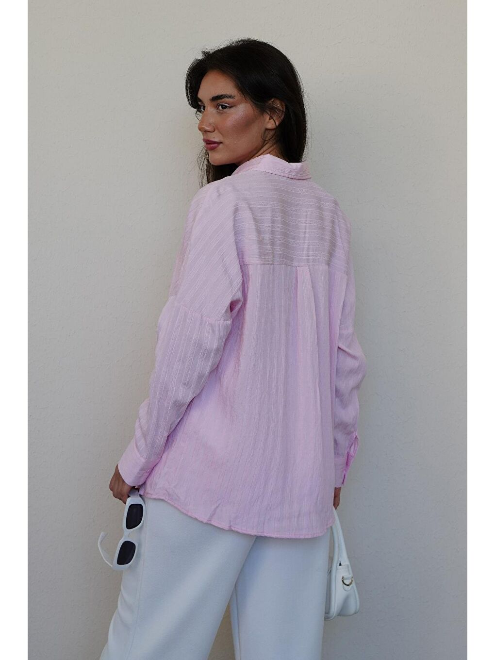 Pembe Uzun Kollu Çizgili Oversize Gömlek Mg2080-6