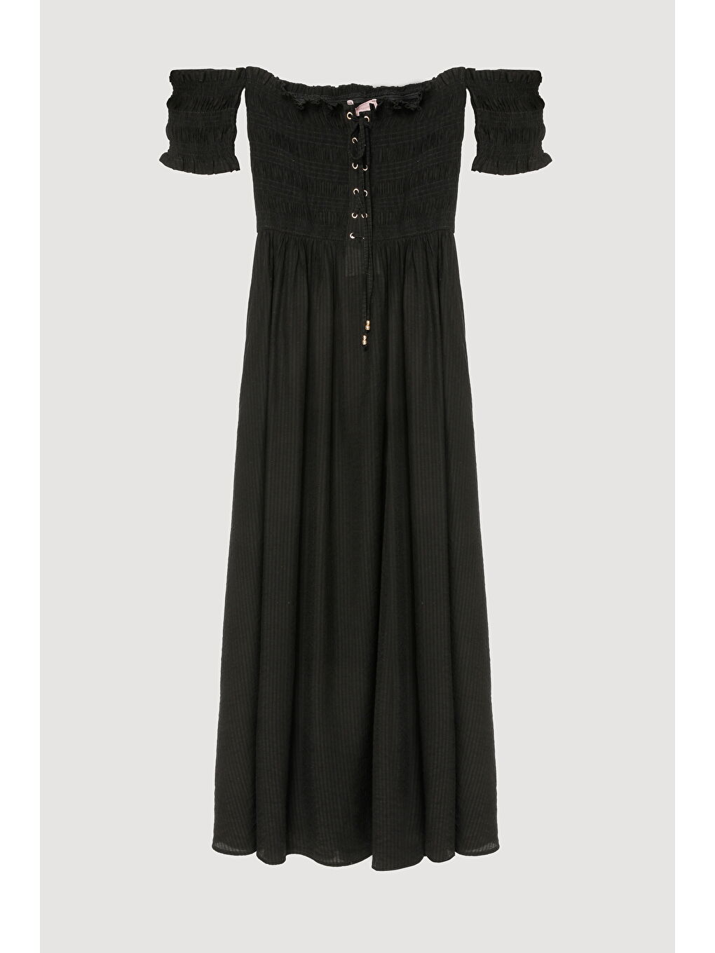 Kuş Gözü Bağlamalı Düşük Omuz Elbise Siyah