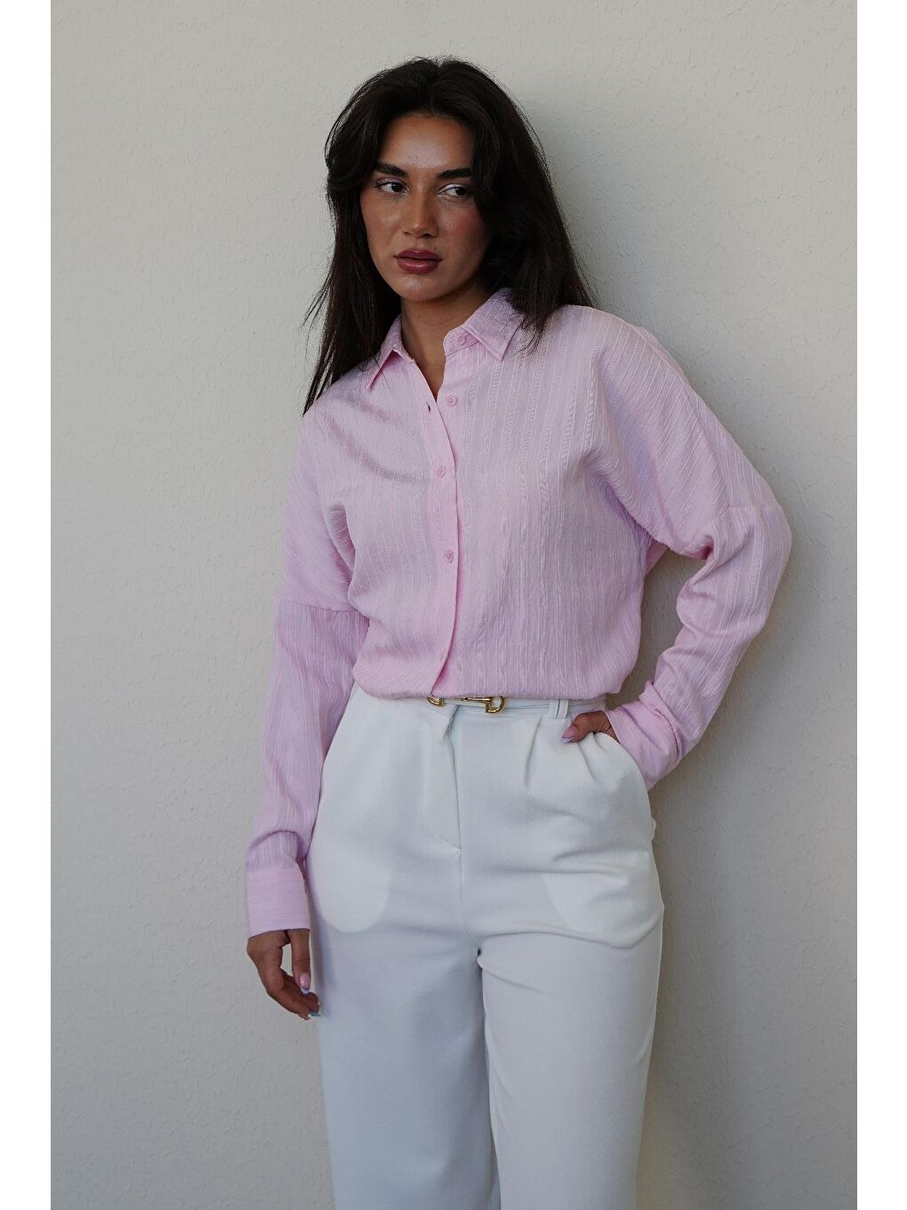 Pembe Uzun Kollu Çizgili Oversize Gömlek Mg2080-7