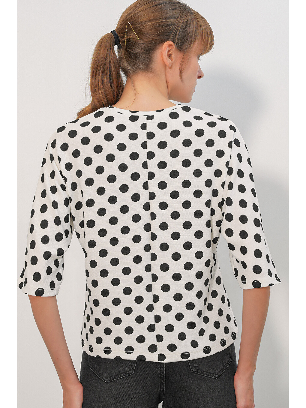 Kadın Puantiyeli Oversize Bluz 40010 - Beyaz-4