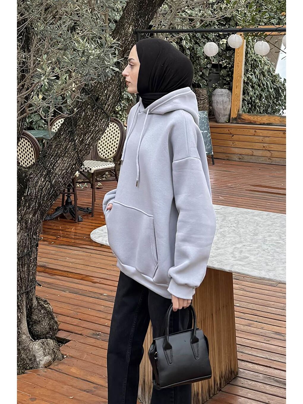 Üç İplik Kanguru Cep Sweatshirt Açık Gri-1