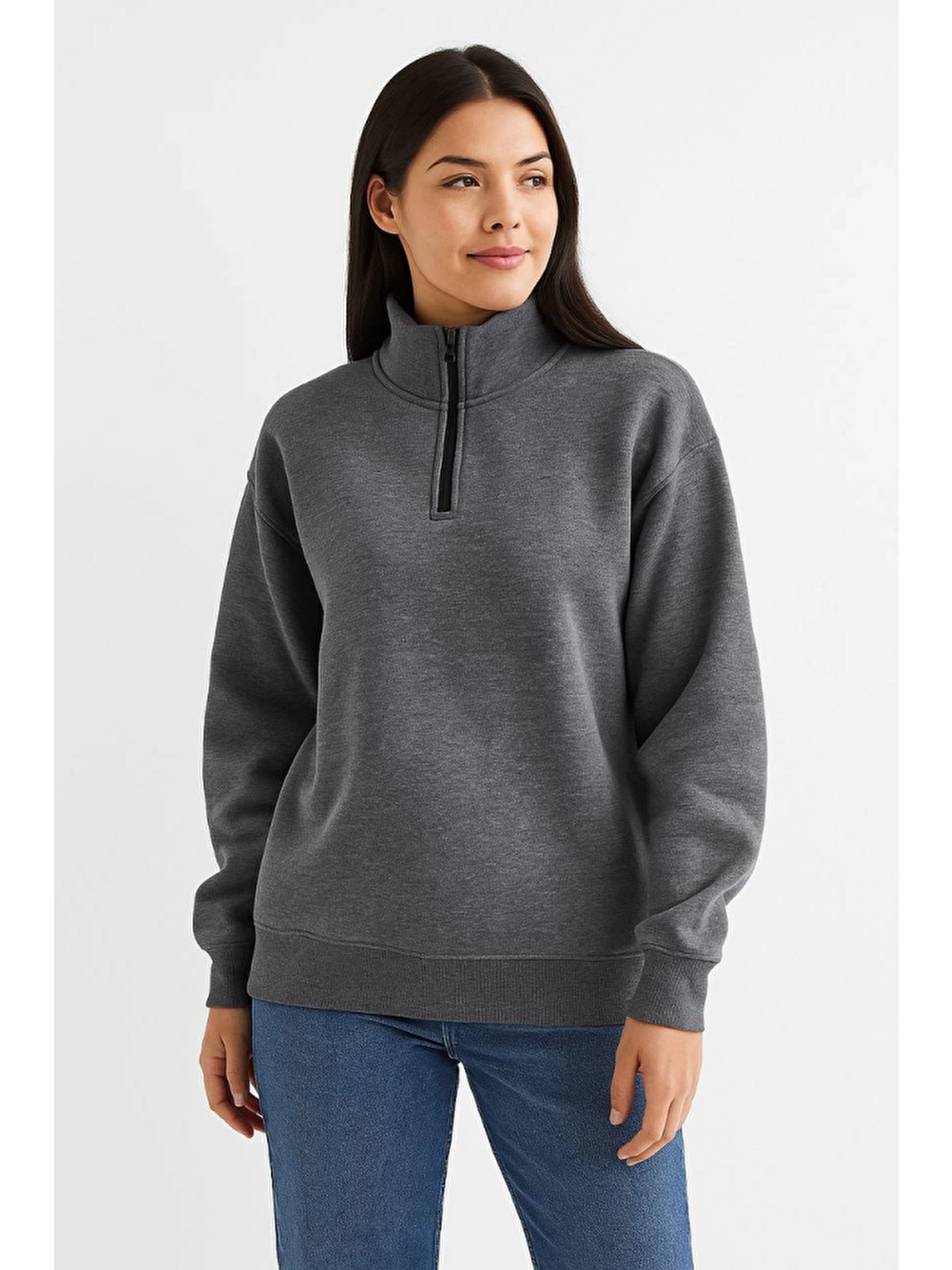 Üç İplik Dık Yaka Yarım Fermuarlı Sweatshirt - Antrasit-2