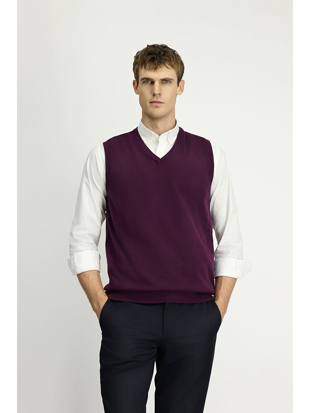 Bordo V Yaka Pamuklu Kaşmir Triko Süveter