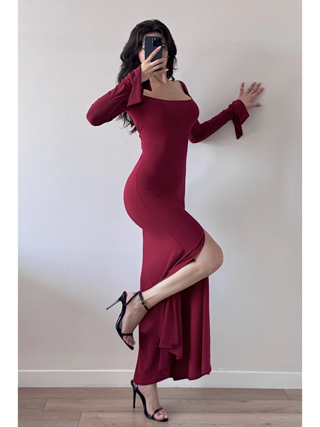 Kadın Bordo Yırtmaçlı Uzun Elbise 1041-2465-1