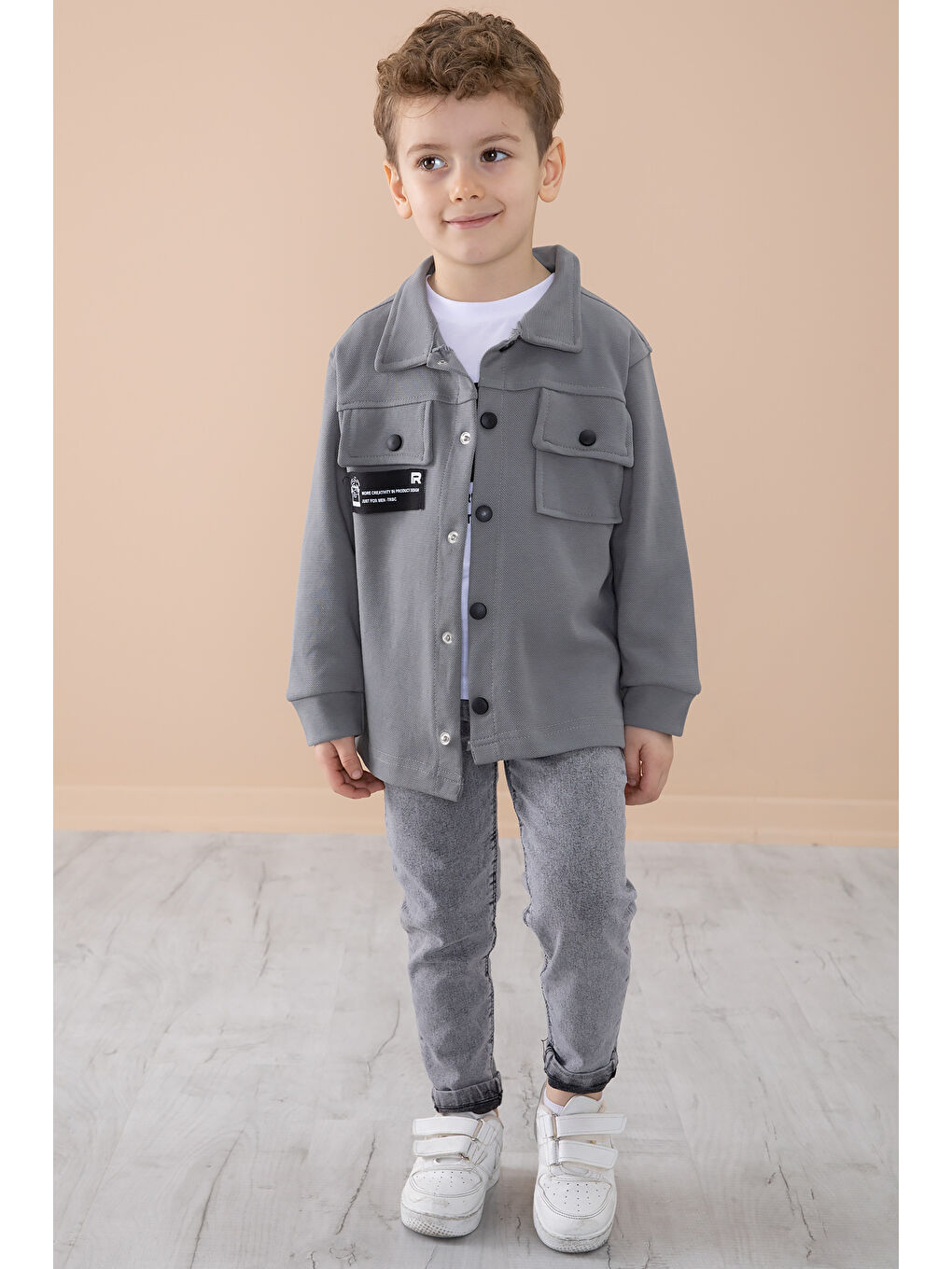 Gri Füme Cep Kapaklı Gömlekli Jean Pantolonlu Erkek Çocuk 3'lü Takım 20291-1