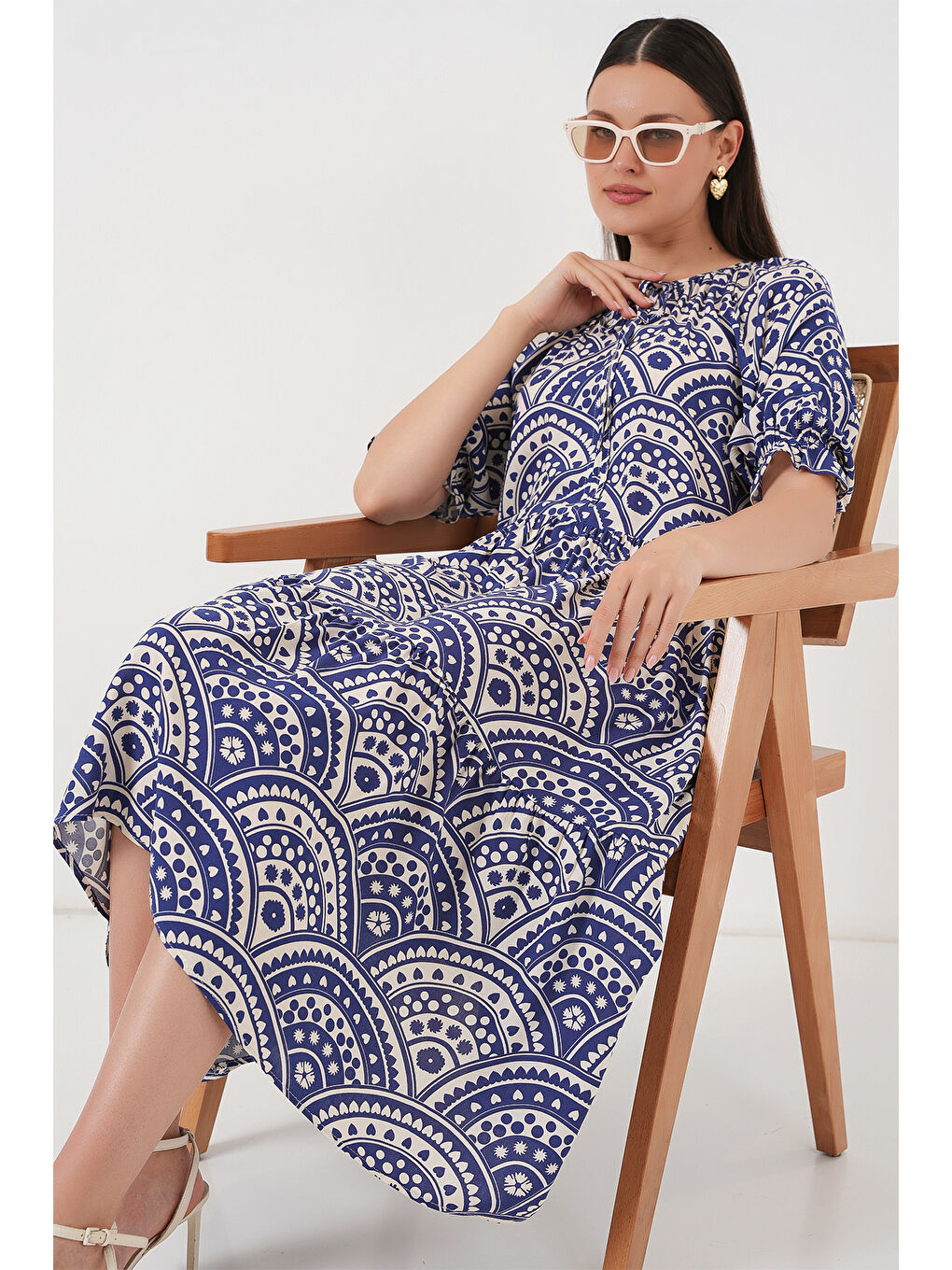 Kadın Kısa Kol Desenli Elbise 2553 - İndigo-1