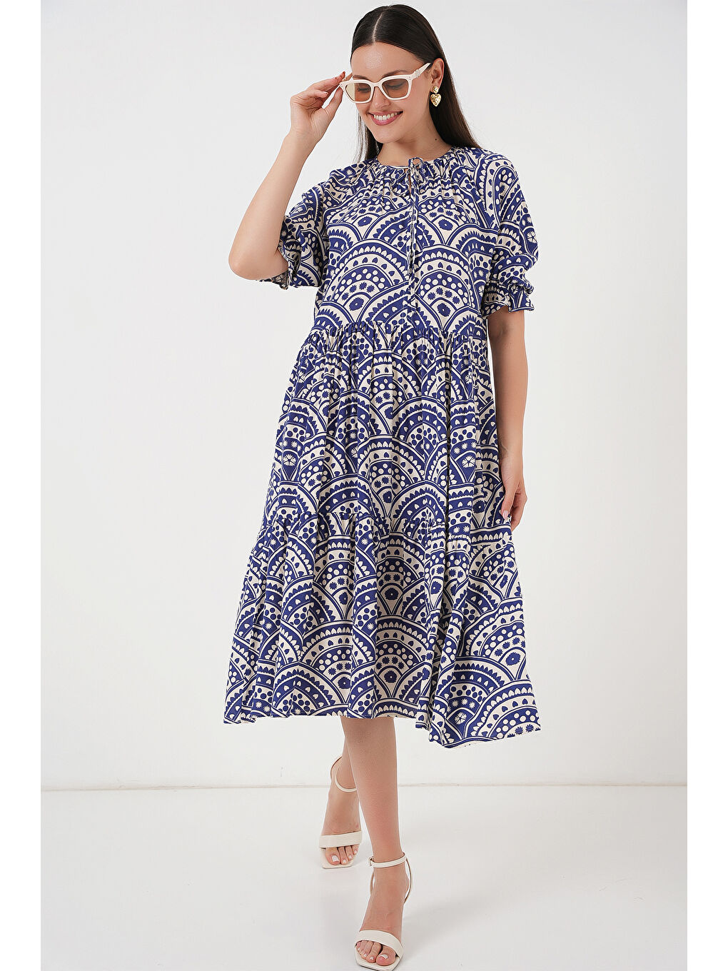 Kadın Kısa Kol Desenli Elbise 2553 - İndigo-2
