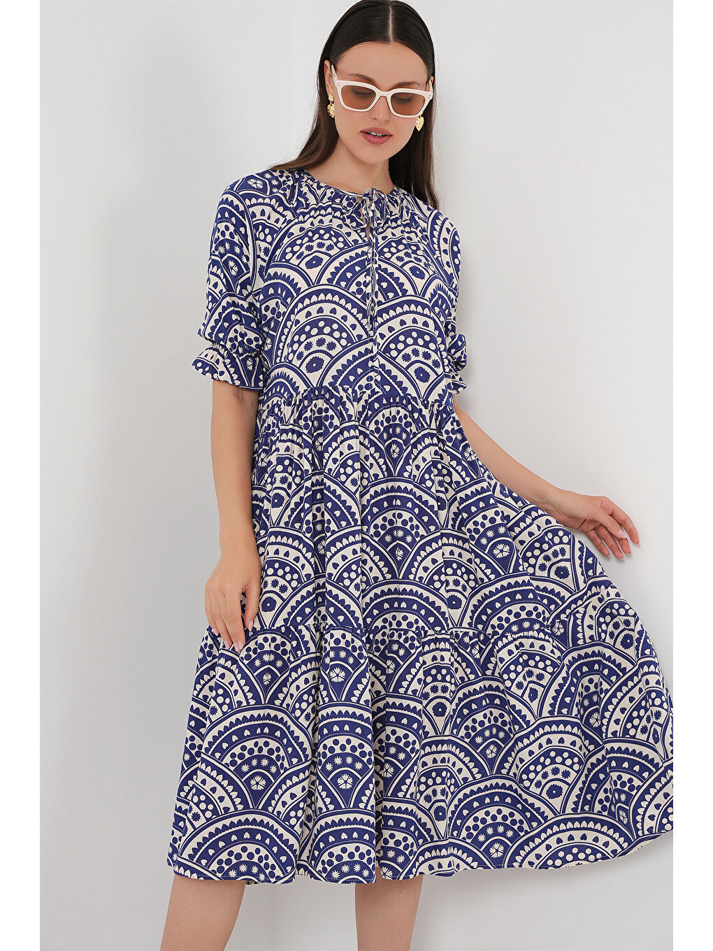 Kadın Kısa Kol Desenli Elbise 2553 - İndigo-3
