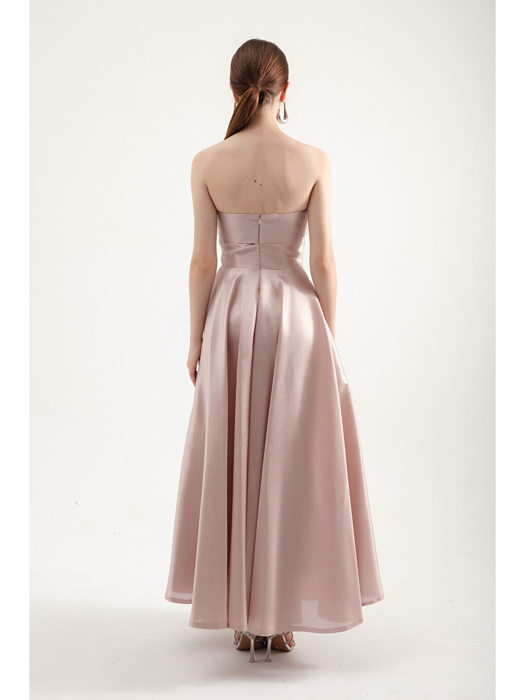 Pembe Kadın Pudra Straplez Kloş Kesim Tül Abiye Elbise-4
