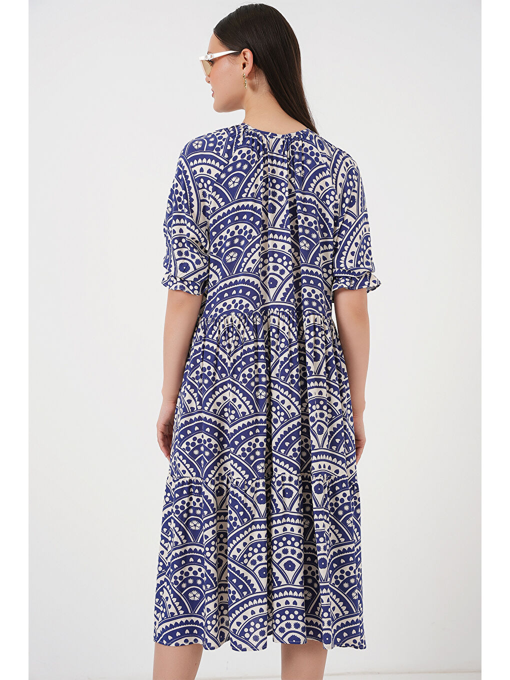 Kadın Kısa Kol Desenli Elbise 2553 - İndigo-5