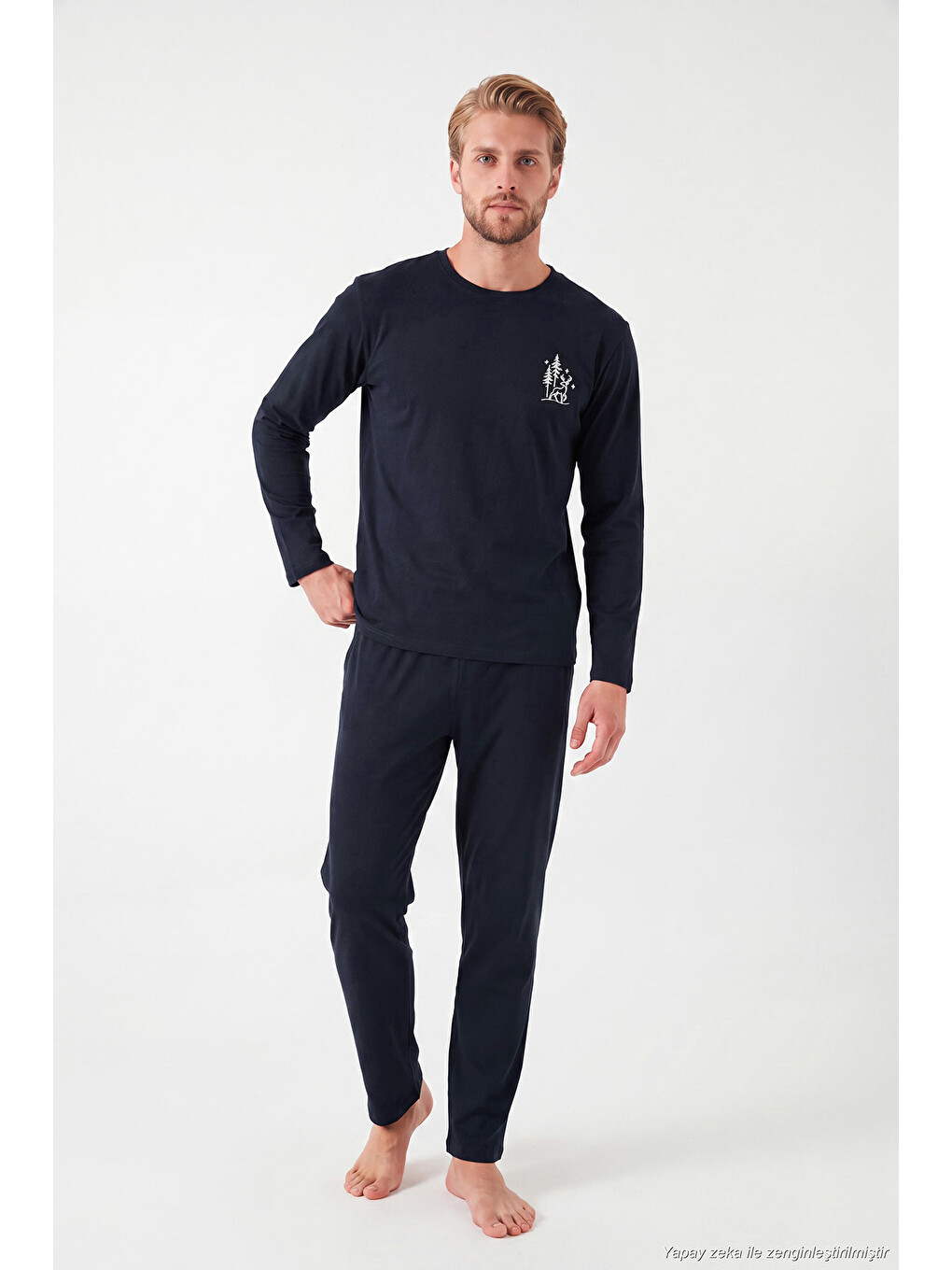 Lacivert Minimal Baskılı Pamuklu Uzun Kollu Pijama Takımı 6575005-1