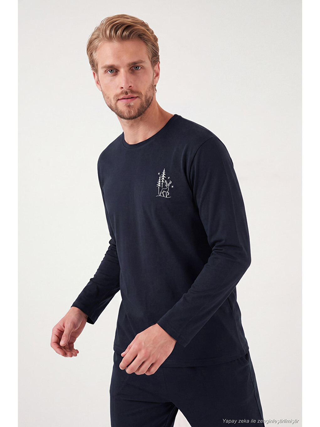 Lacivert Minimal Baskılı Pamuklu Uzun Kollu Pijama Takımı 6575005-2