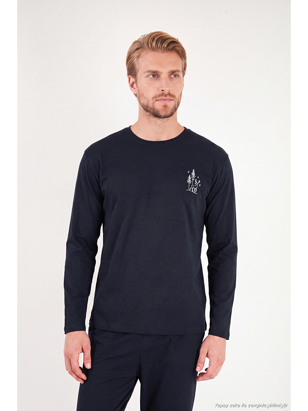 Lacivert Minimal Baskılı Pamuklu Uzun Kollu Pijama Takımı 6575005-3