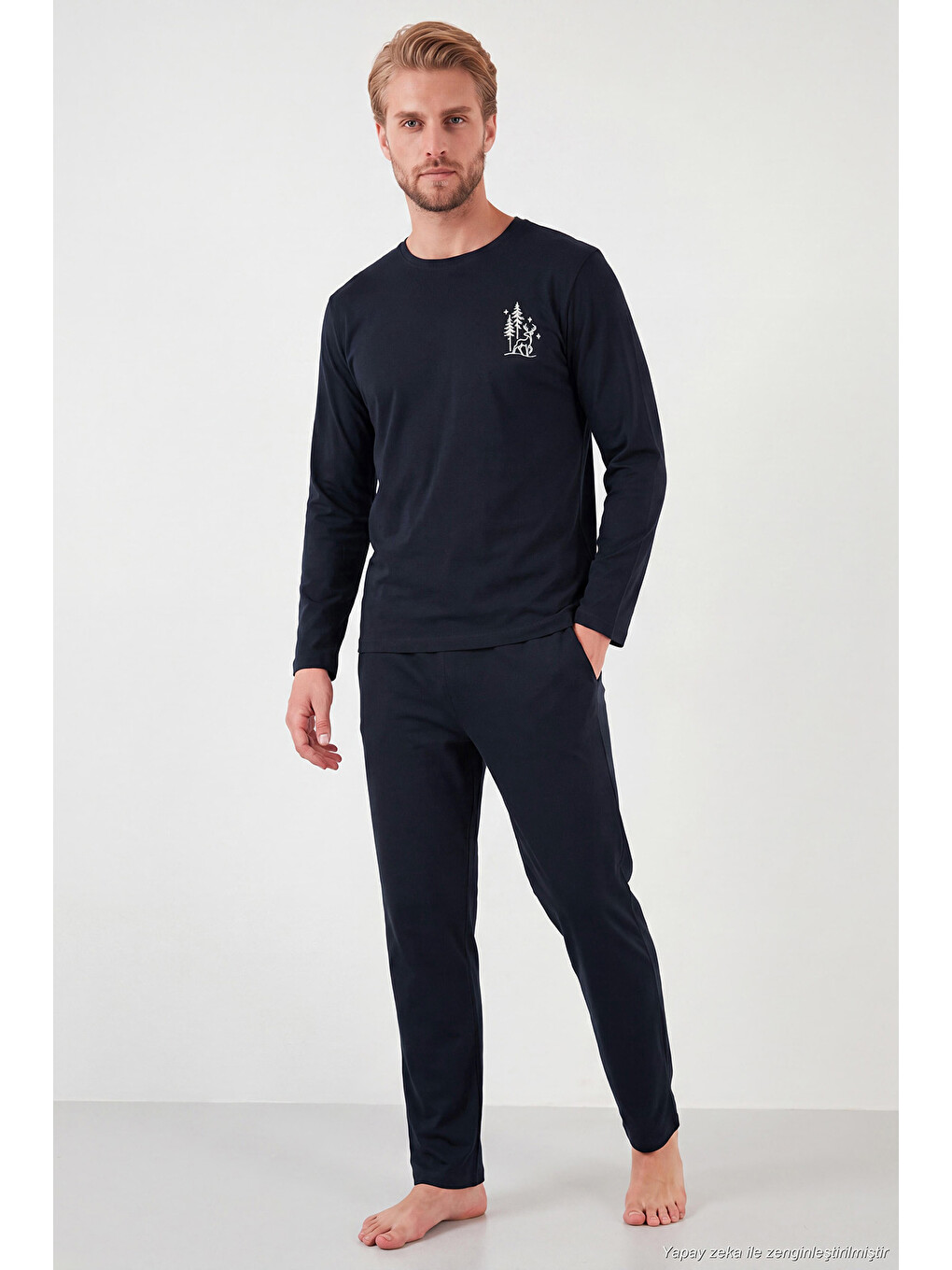 Lacivert Minimal Baskılı Pamuklu Uzun Kollu Pijama Takımı 6575005-4