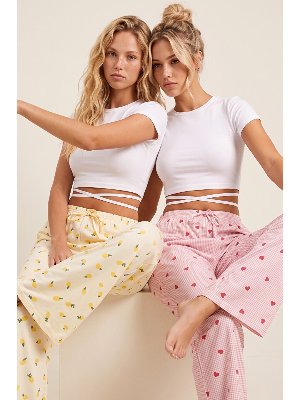 Pembe 2'li Fiyonk Desenli Yumuşak Tuşe Kışlık Örme Tek Alt Pijama Altı 8074