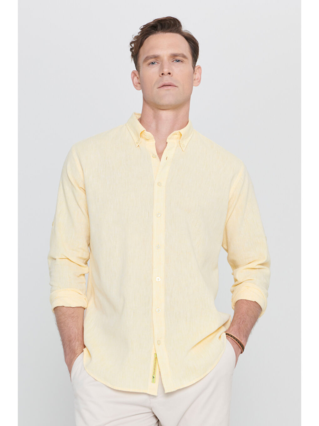 Erkek Sarı Comfort Fit Rahat Kesim Düğmeli Yaka Casual Keten Gömlek-4
