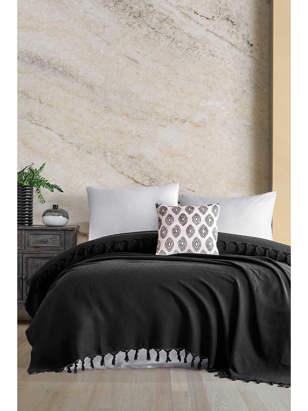 Saçaklı Pamuk Pike Çift Kişilik Loris Siyah (200x230cm)