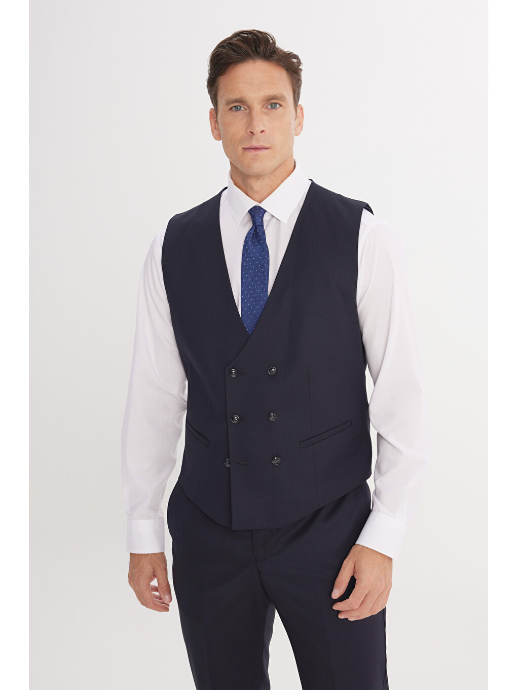 Mavi Erkek Koyu Lacivert-Beyaz Slim Fit Mono Yaka Kareli Kapak Cepli Yelekli Takım Elbise-4