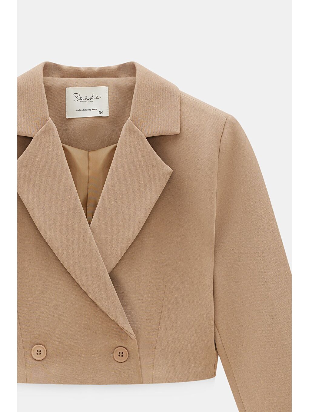 Bej Vizon Kadın Regular Fit Kruvaze Kapama Dokuma Crop Blazer Ceket -Şık & Spor-1