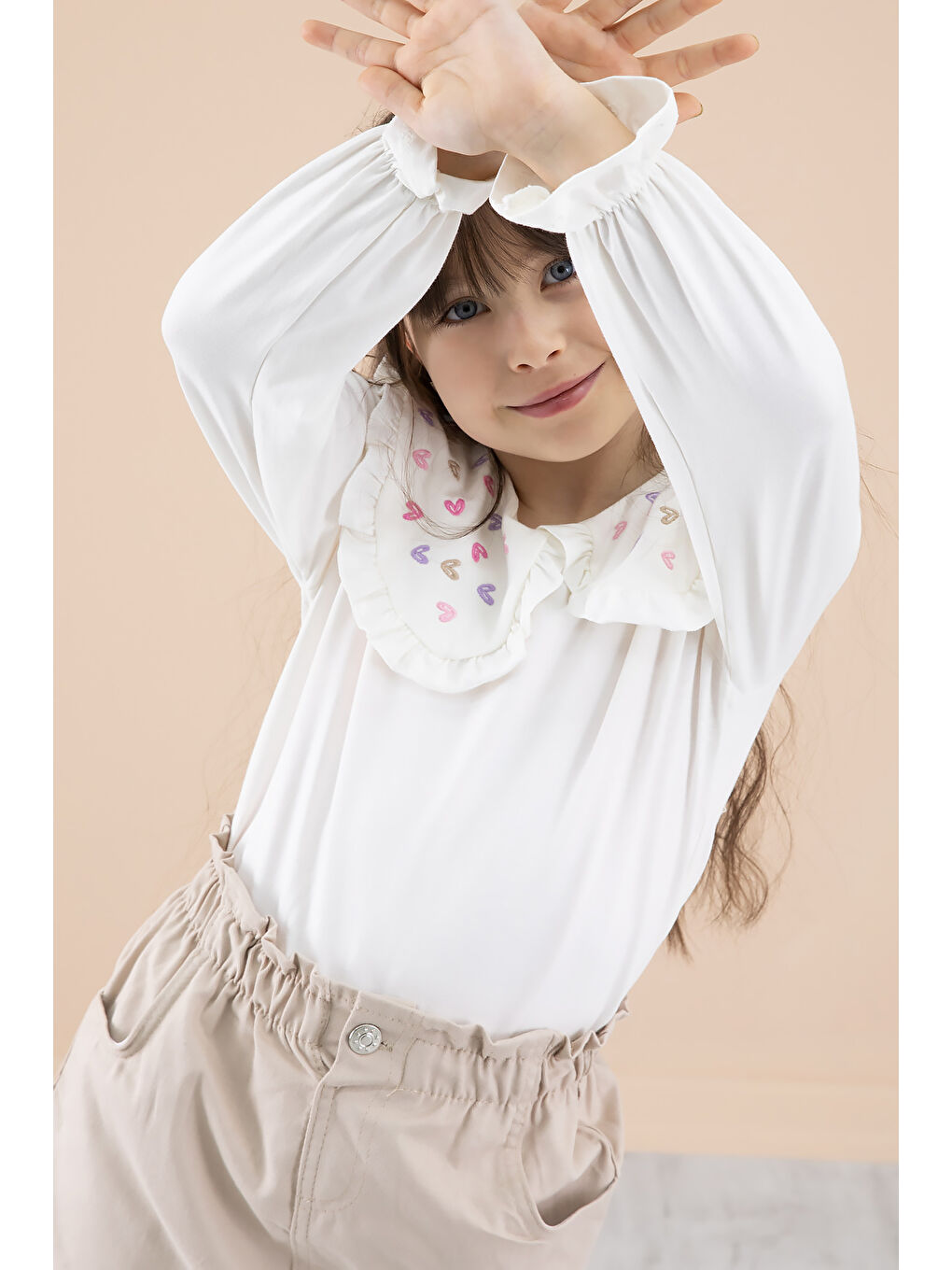 Ekru Krem Yakası Kalp Nakışlı Badili Jean Etekli Kız Çocuk Takım 20334-1