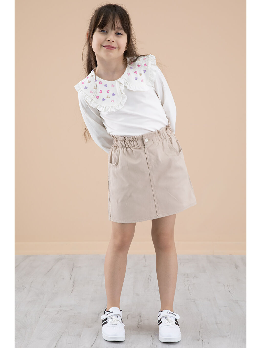 Ekru Krem Yakası Kalp Nakışlı Badili Jean Etekli Kız Çocuk Takım 20334-2