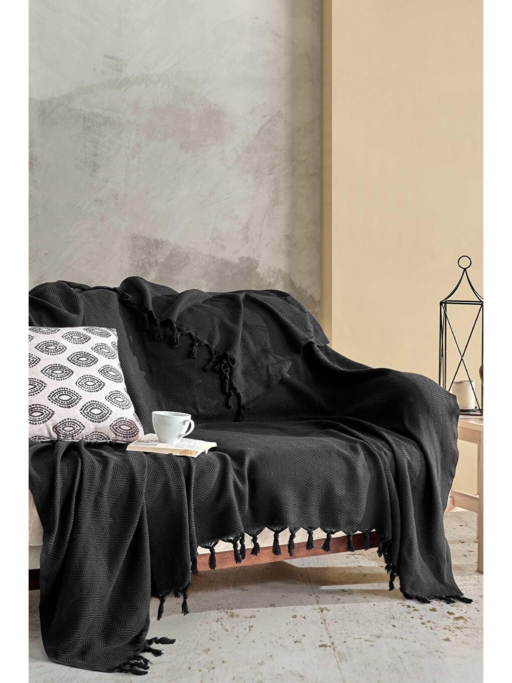 Saçaklı Pamuk Pike Çift Kişilik Loris Siyah (200x230cm)-1