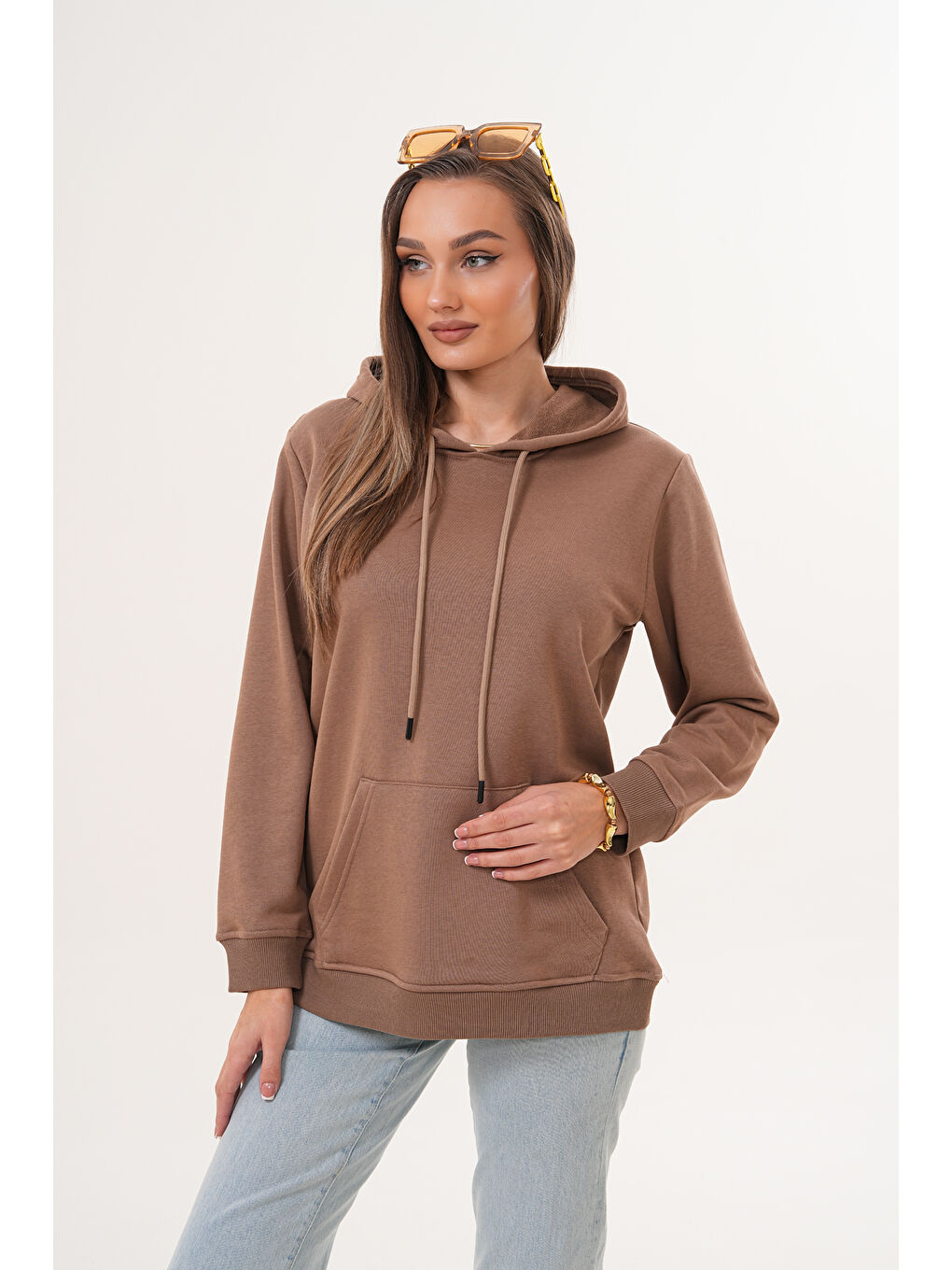 Kahverengi Unisex %100 Pamuk Basic Premium Kapüşonlu Sweatshirt-2