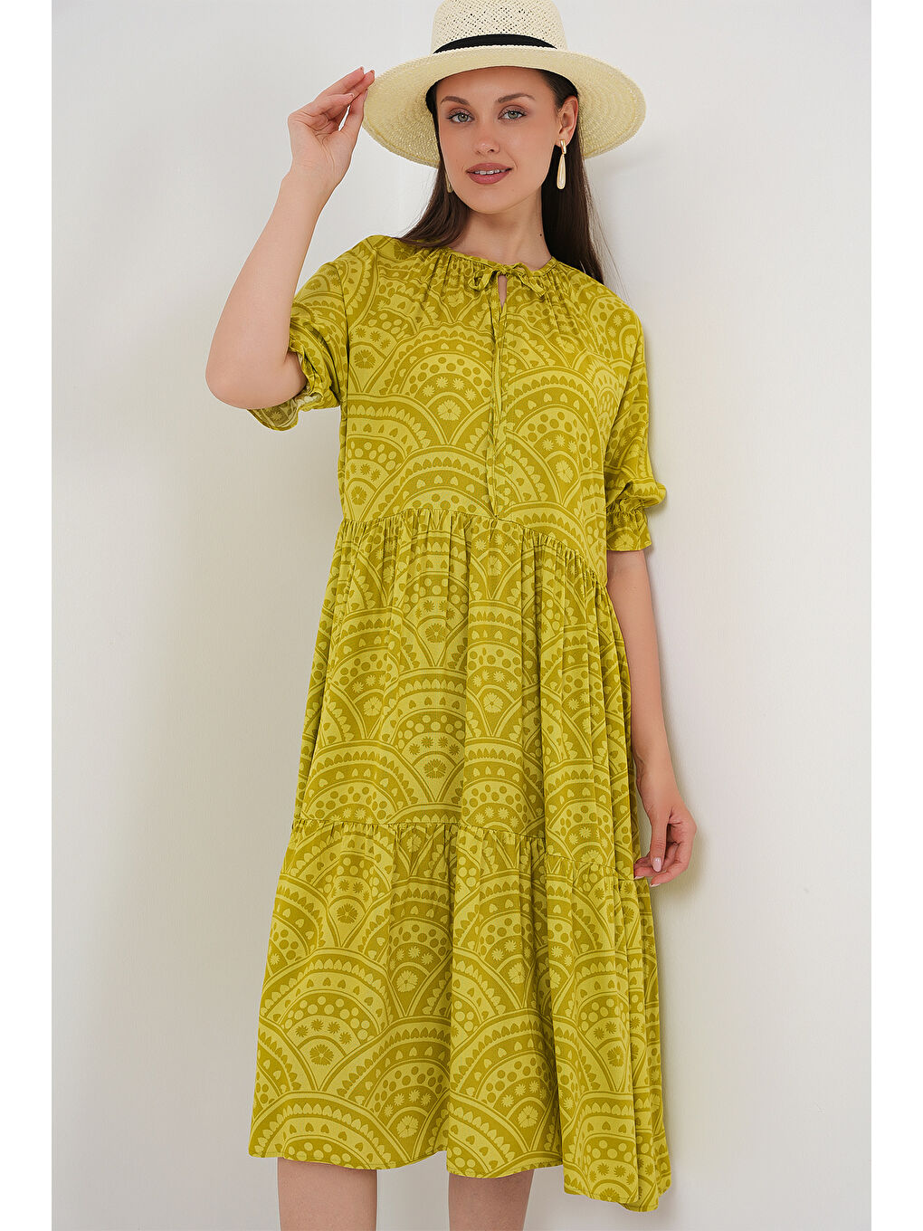 Kadın Kısa Kol Desenli Elbise 2553 - E.Yeşil