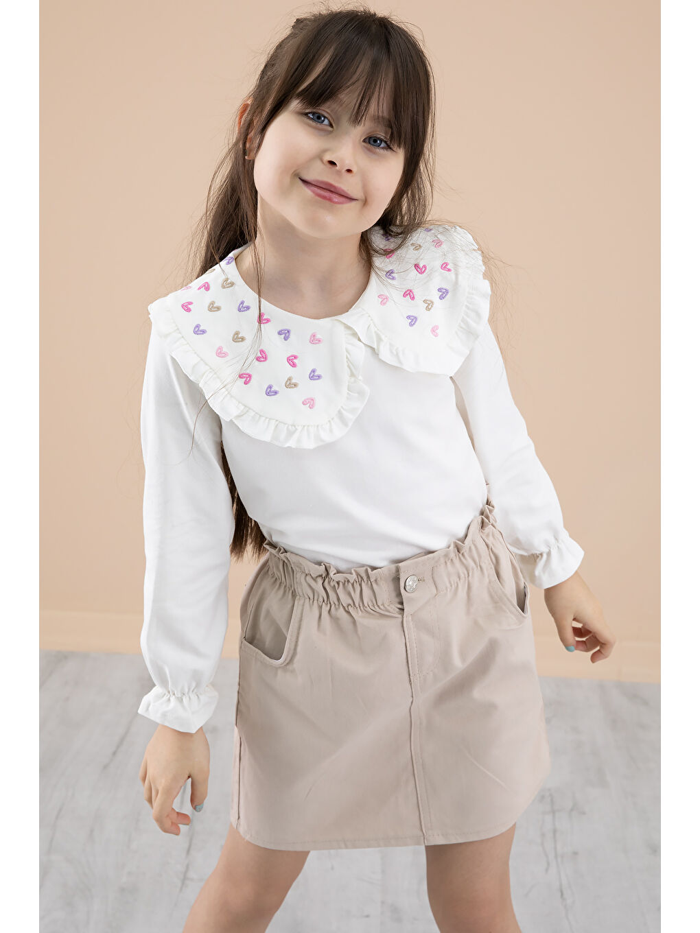 Ekru Krem Yakası Kalp Nakışlı Badili Jean Etekli Kız Çocuk Takım 20334-4