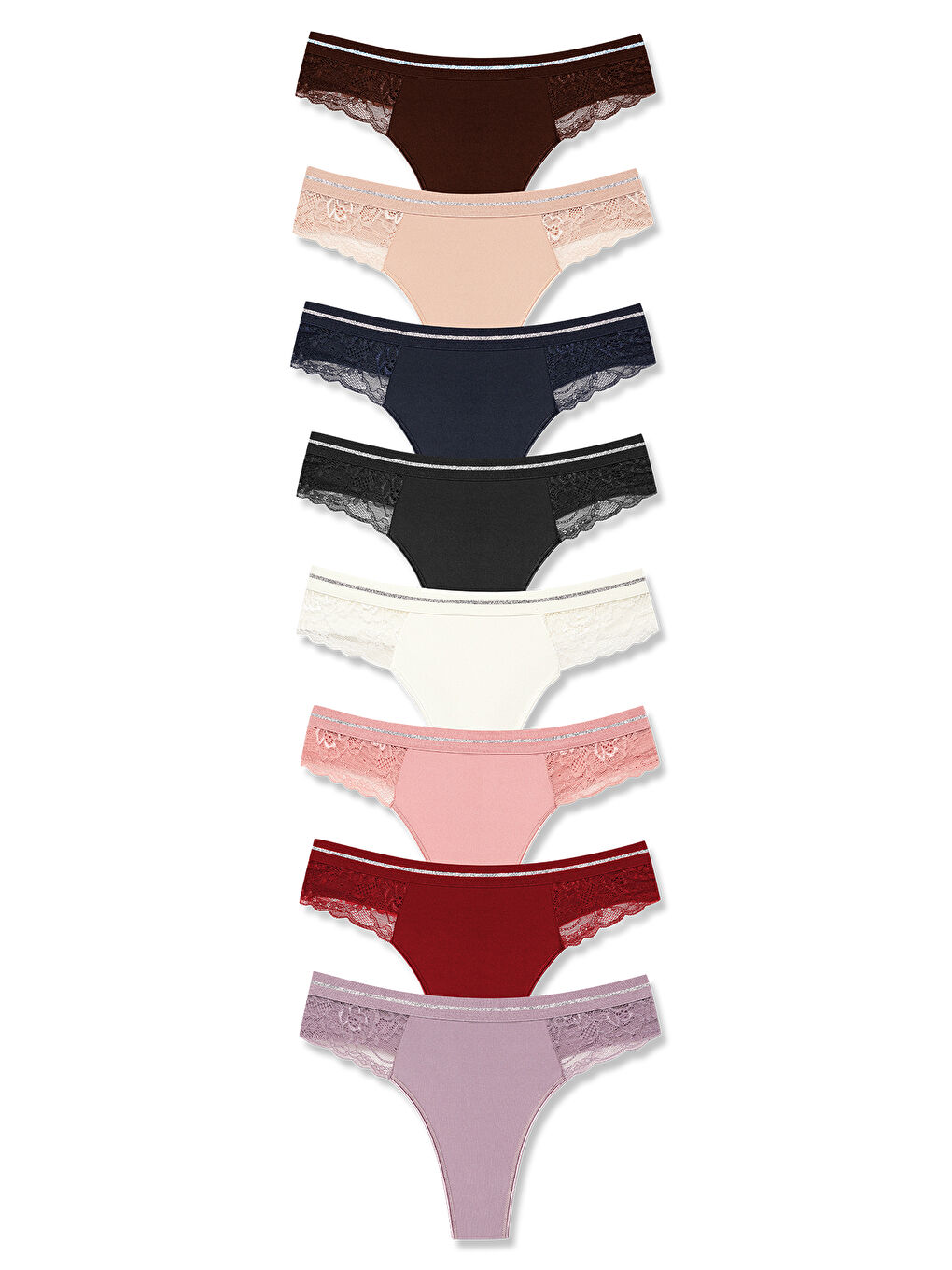 Karışık İnterlok Beli Simli Lastik Dantel Detaylı Tanga Kadın Külot 8'li Paket