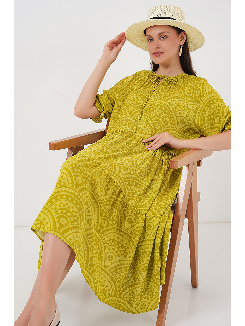 Kadın Kısa Kol Desenli Elbise 2553 - E.Yeşil-1