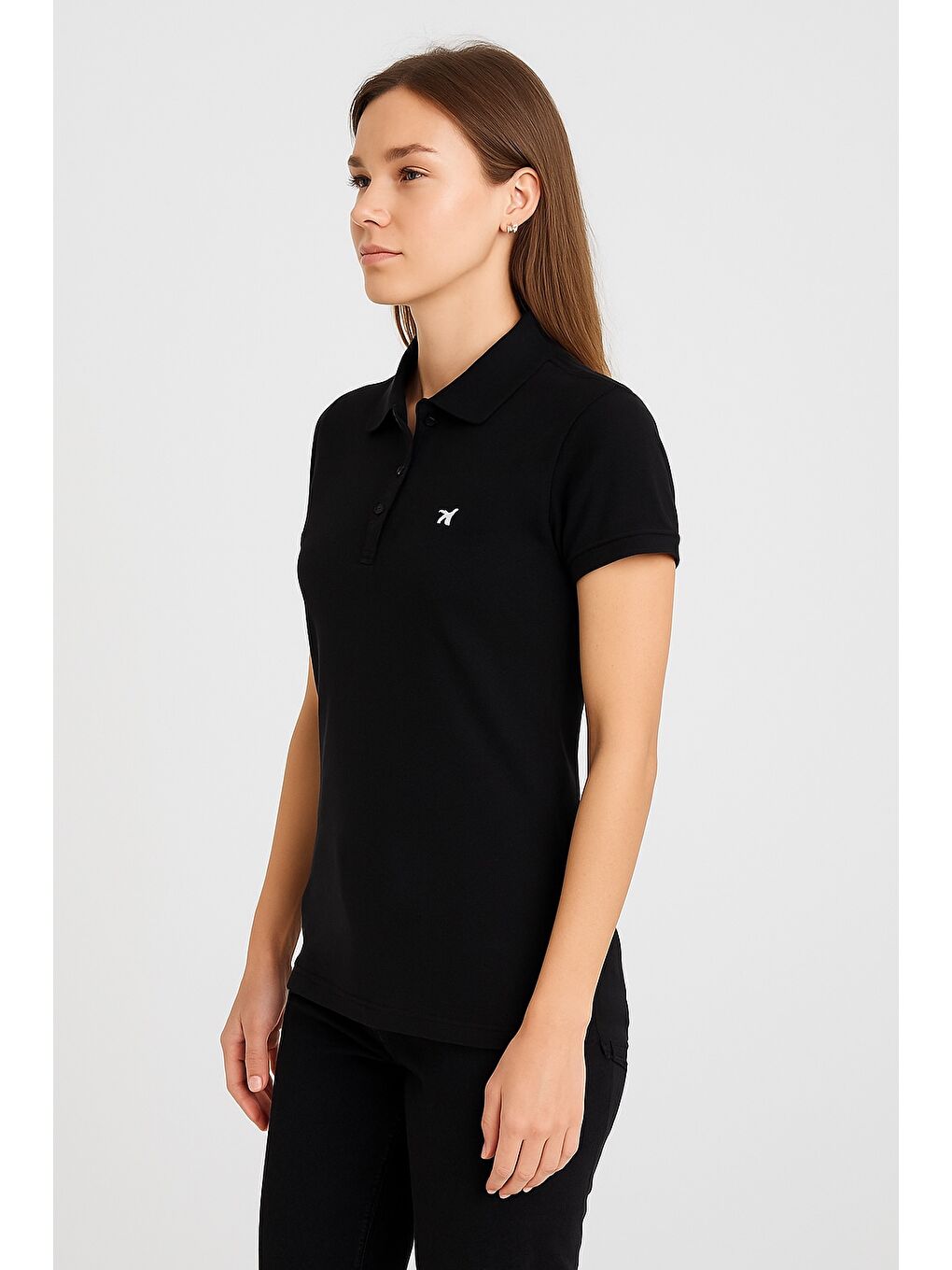 Siyah Kadın Kısa Kollu Slim Fit Basic Polo Yaka Tişört-1