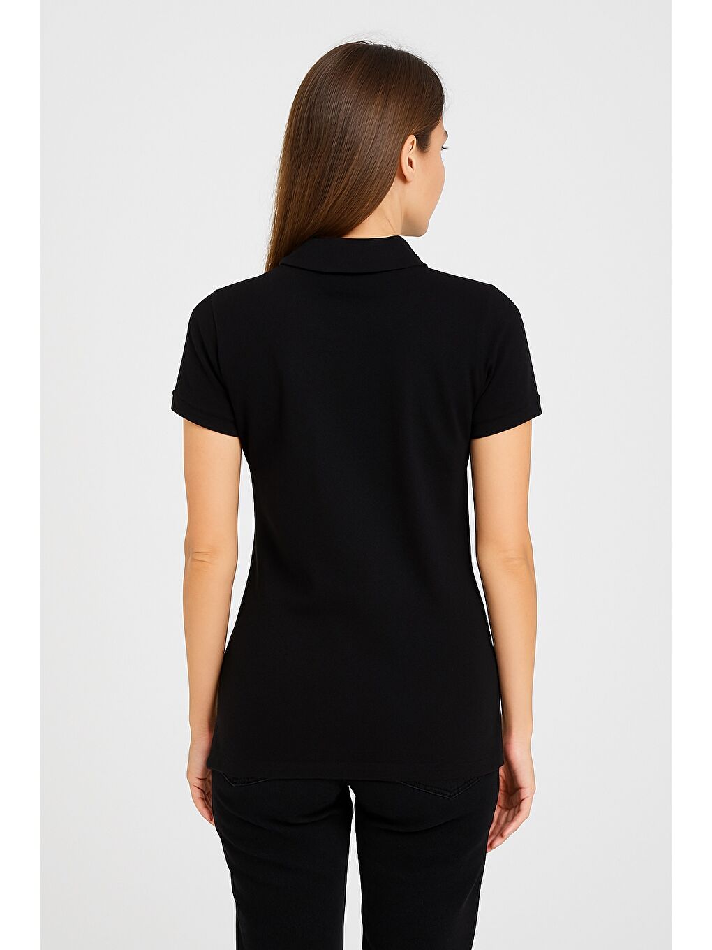 Siyah Kadın Kısa Kollu Slim Fit Basic Polo Yaka Tişört-2