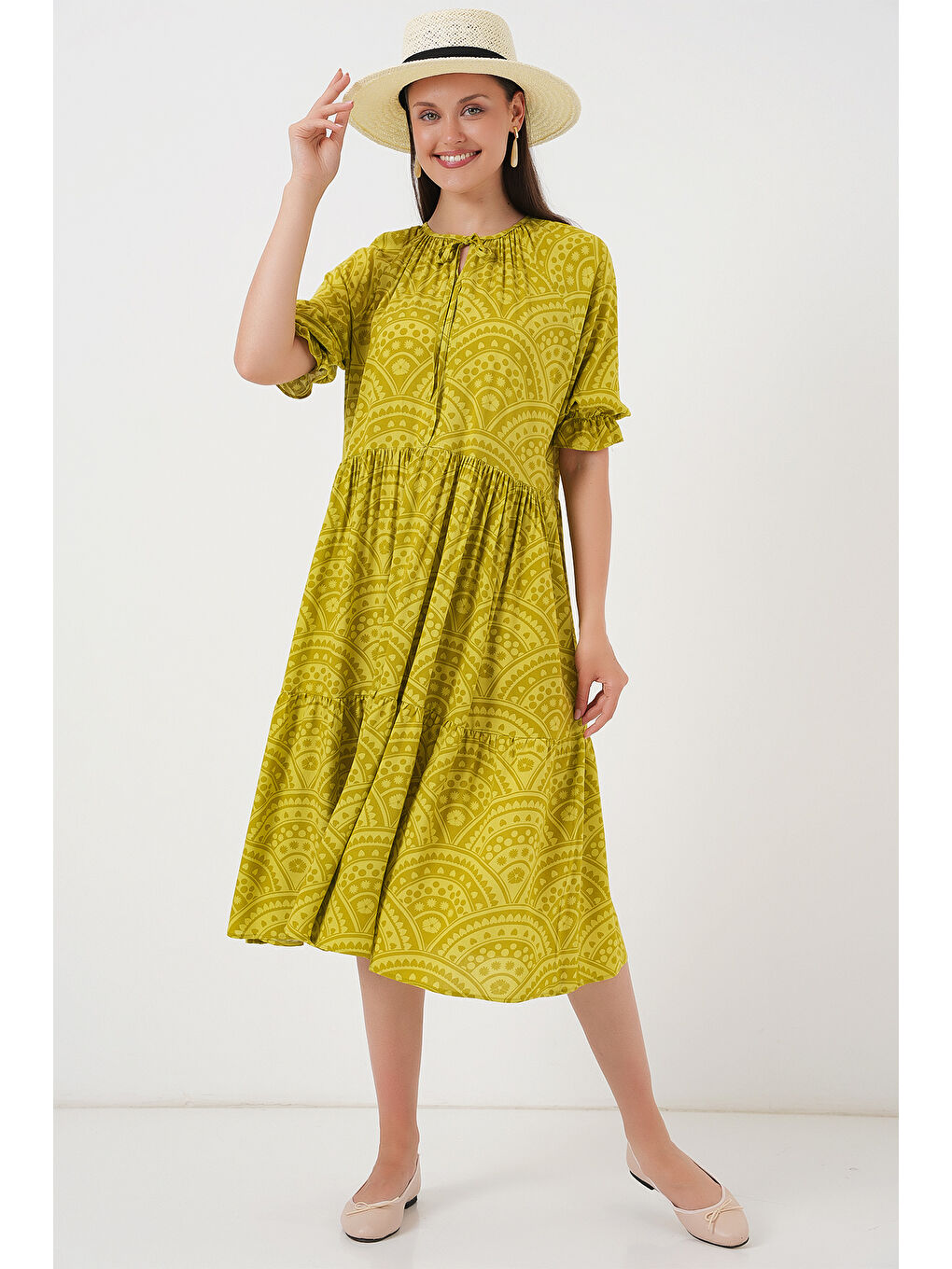 Kadın Kısa Kol Desenli Elbise 2553 - E.Yeşil-2