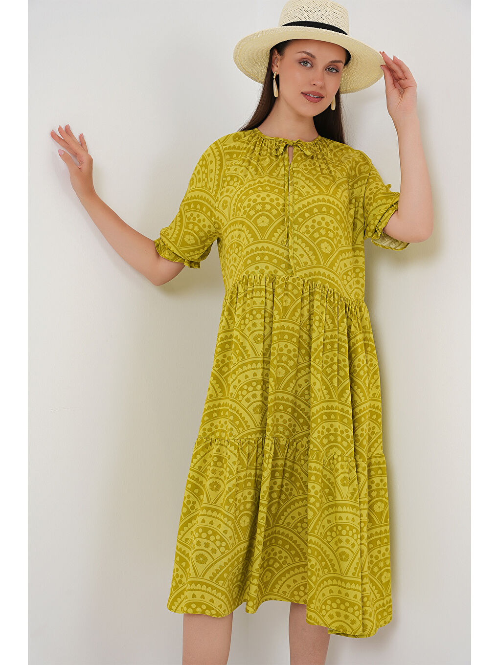 Kadın Kısa Kol Desenli Elbise 2553 - E.Yeşil-3