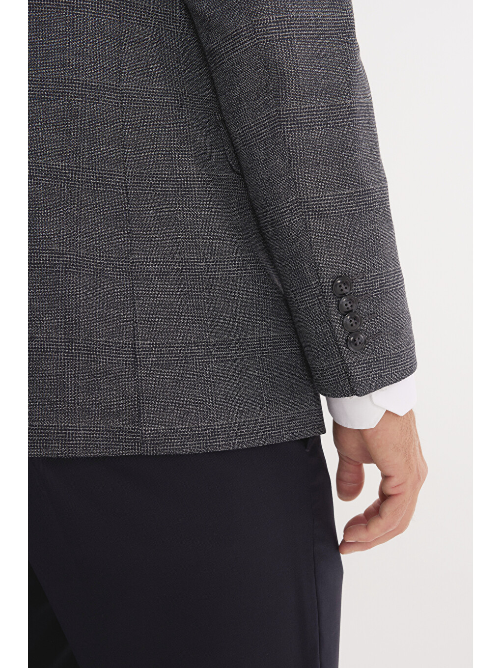 Mavi Erkek Koyu Lacivert-Beyaz Slim Fit Mono Yaka Kareli Kapak Cepli Yelekli Takım Elbise-5