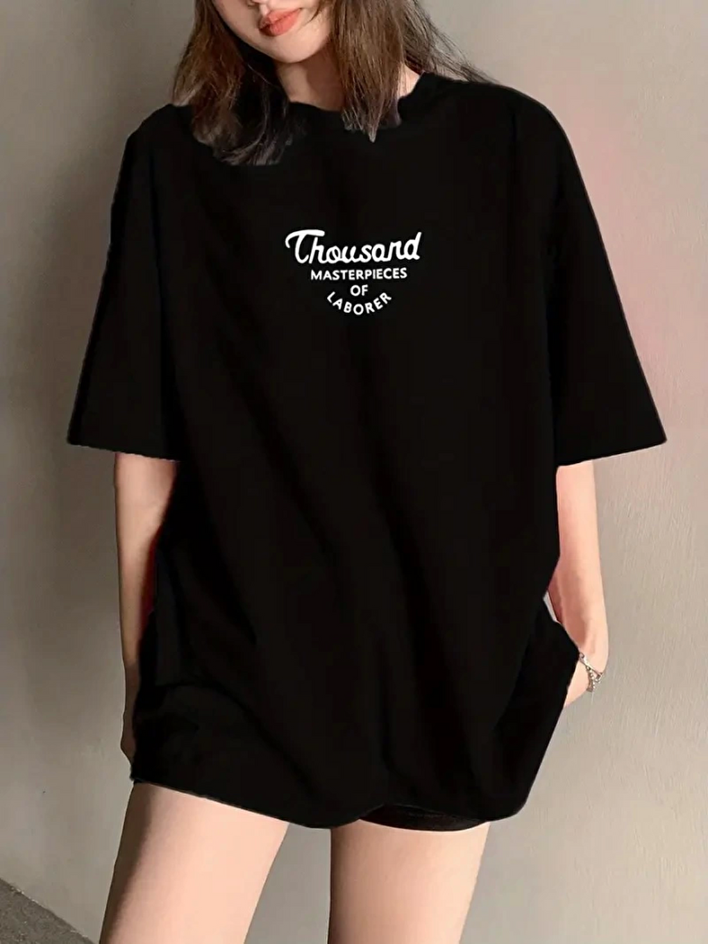 Thousand Baskılı Oversize Bisiklet Yaka T-shirt - Siyah-2
