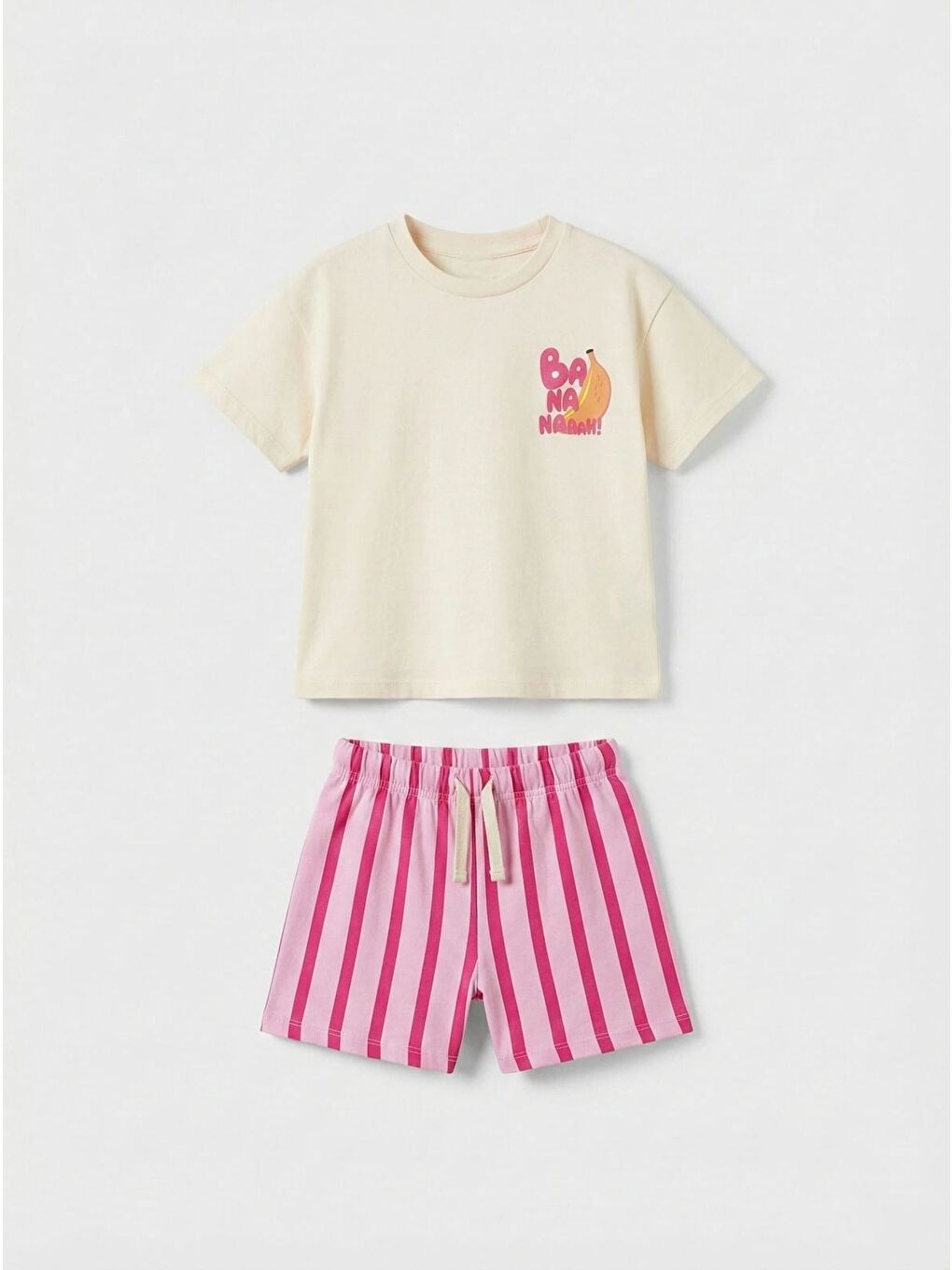 Beyaz Kız Çocuk Pamuklu Ekru Muz Baskılı Tişört Şort Takım - Pembe Çizgili-1