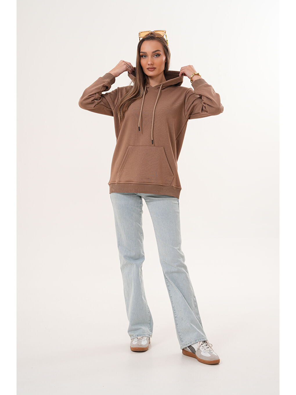 Kahverengi Unisex %100 Pamuk Basic Premium Kapüşonlu Sweatshirt-4