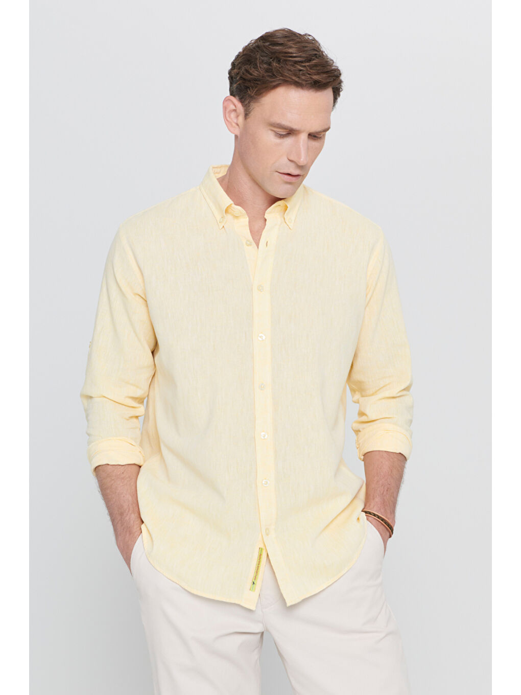 Erkek Sarı Comfort Fit Rahat Kesim Düğmeli Yaka Casual Keten Gömlek-5