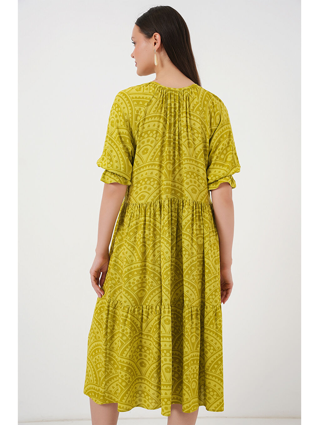 Kadın Kısa Kol Desenli Elbise 2553 - E.Yeşil-5