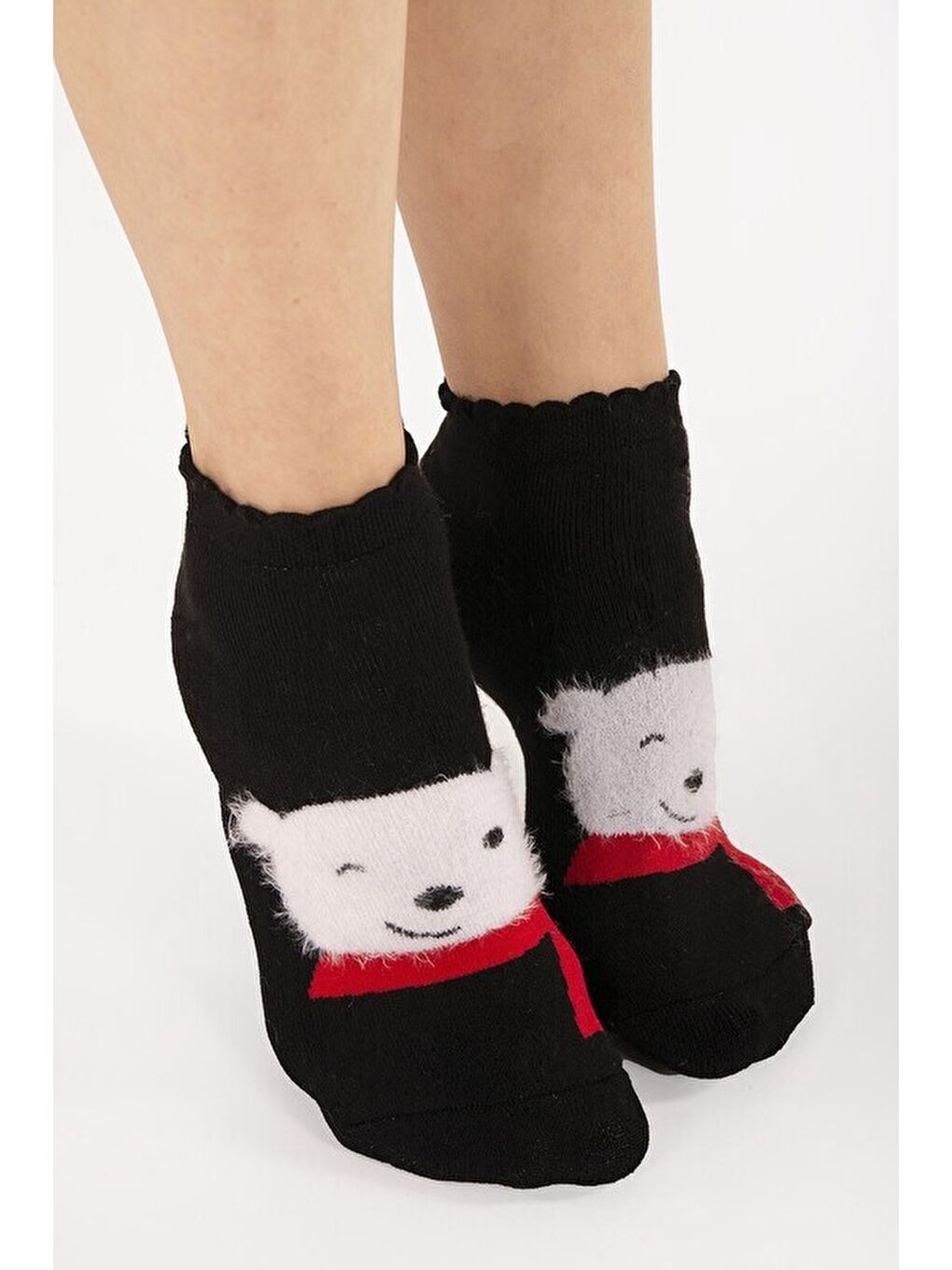 Kırmızı Beyaz Sevimli Ayıcık Desenli Bambu Patik Çorap