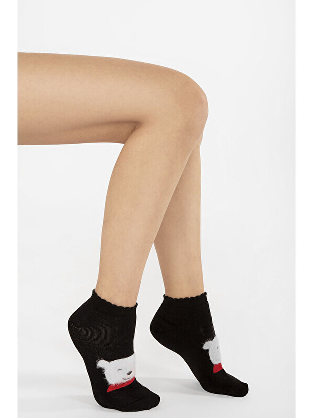 Kırmızı Beyaz Sevimli Ayıcık Desenli Bambu Patik Çorap-1