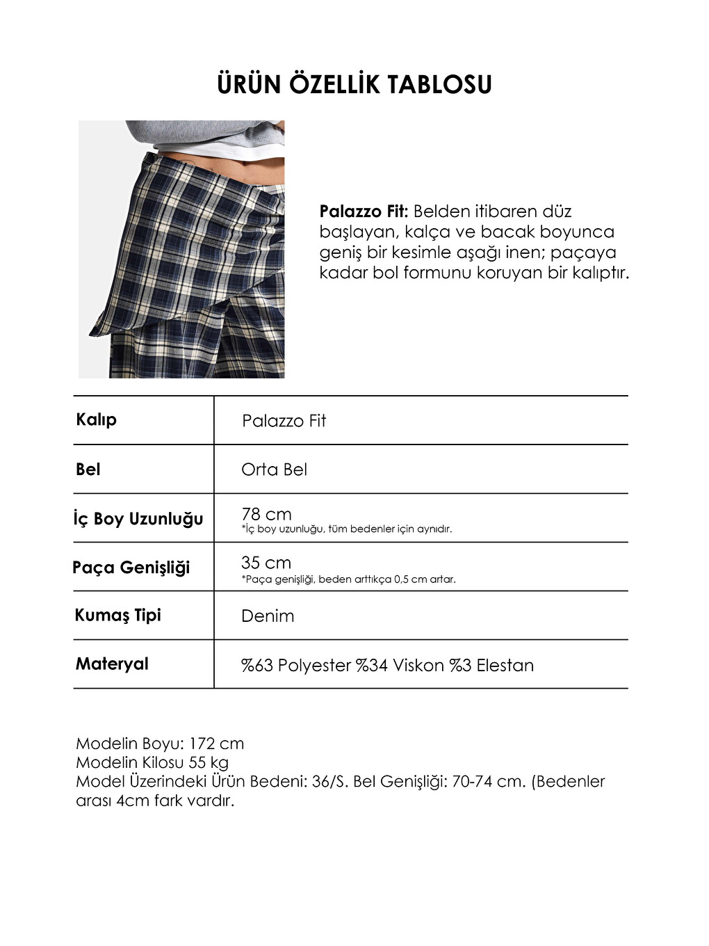 Lacivert Kadın Laci Ekose W6-56 Palazzo Fit Etek Detaylı Tasarım Pantolon-5