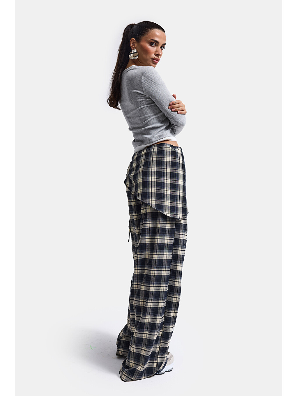 Lacivert Kadın Laci Ekose W6-56 Palazzo Fit Etek Detaylı Tasarım Pantolon-6