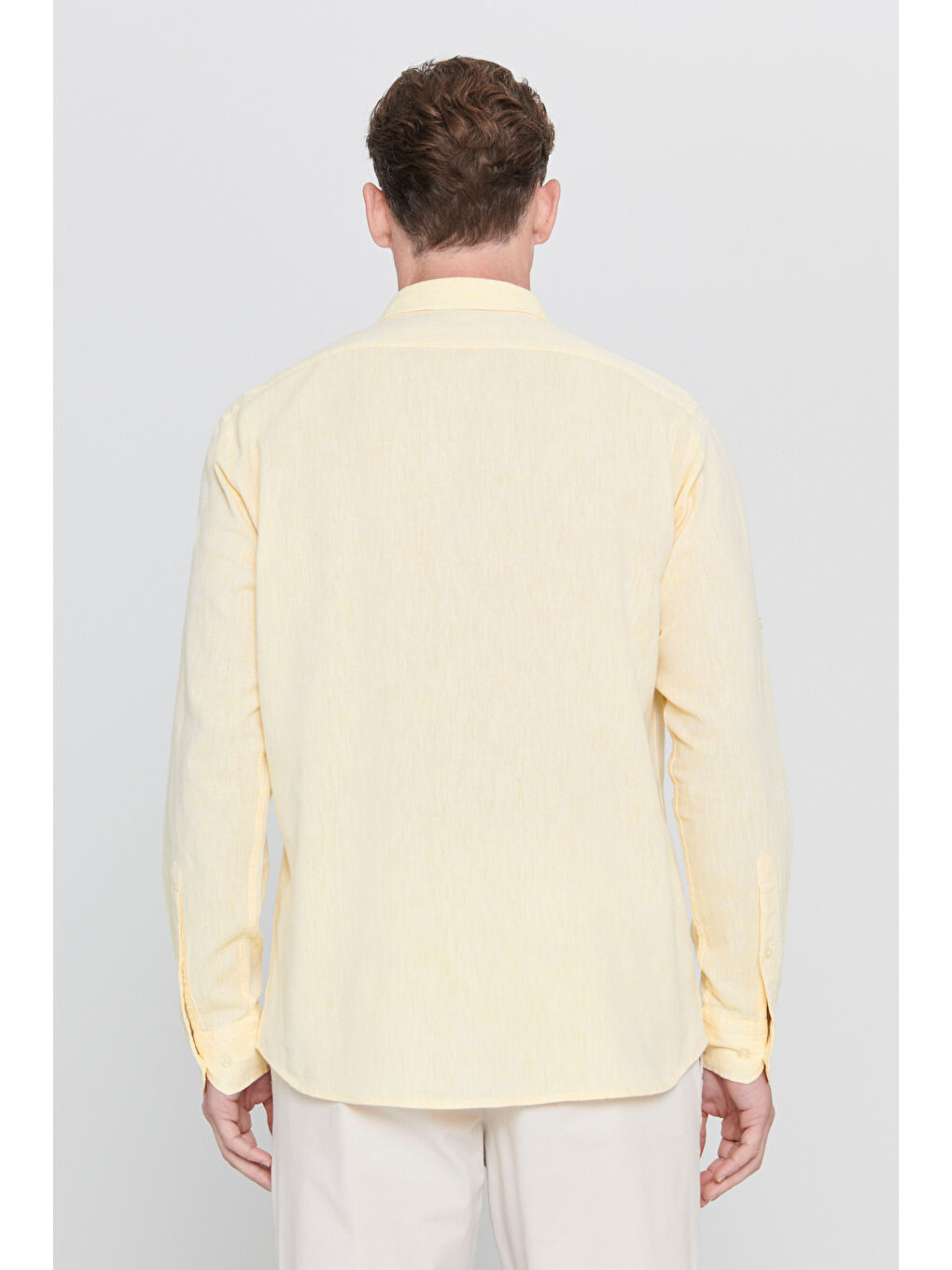 Erkek Sarı Comfort Fit Rahat Kesim Düğmeli Yaka Casual Keten Gömlek-6