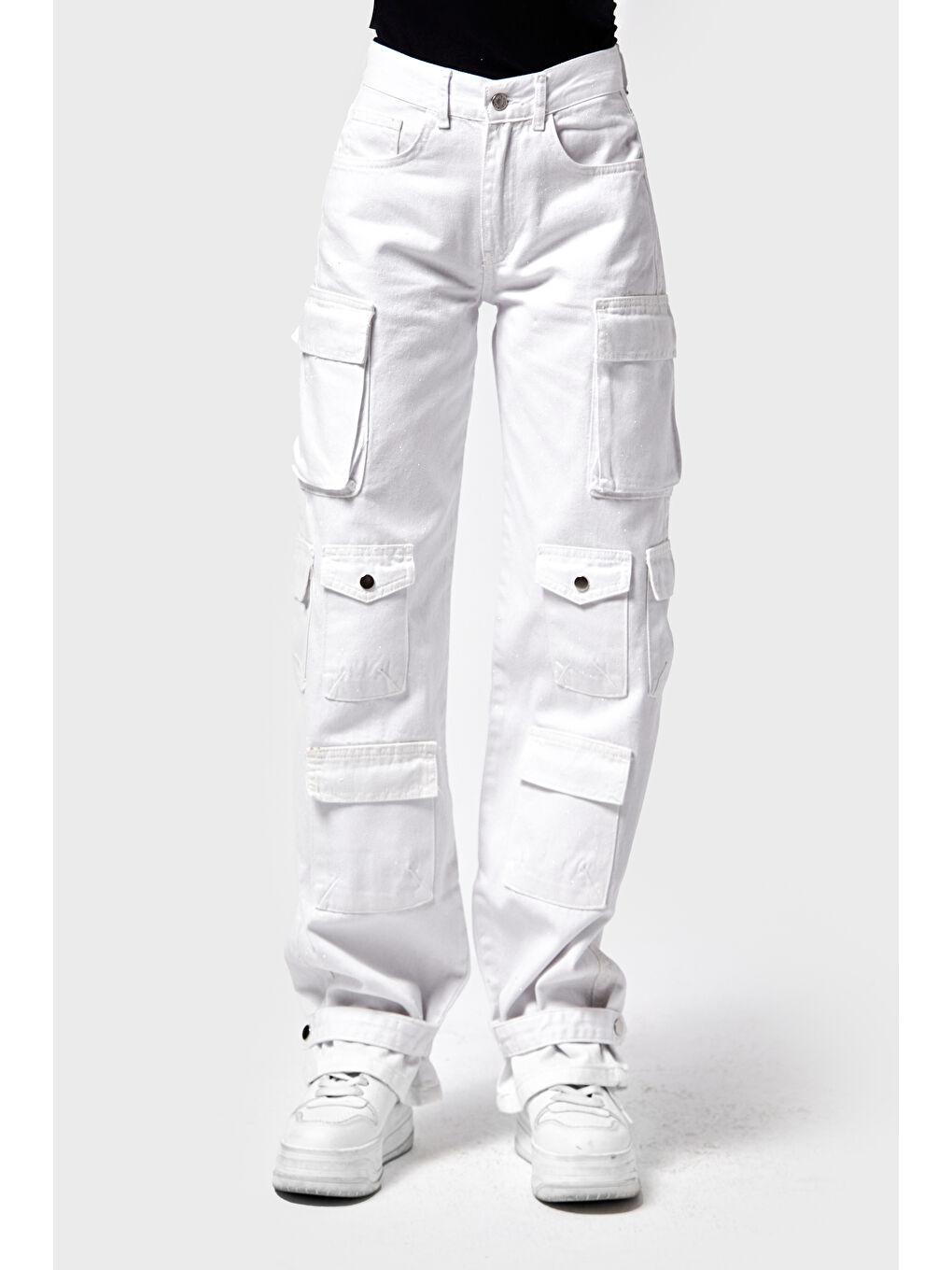 Kadın Beyaz Renk w5-2 Straight Kargo Fit Simli Özel Kumaş Tasarım Denim Jean