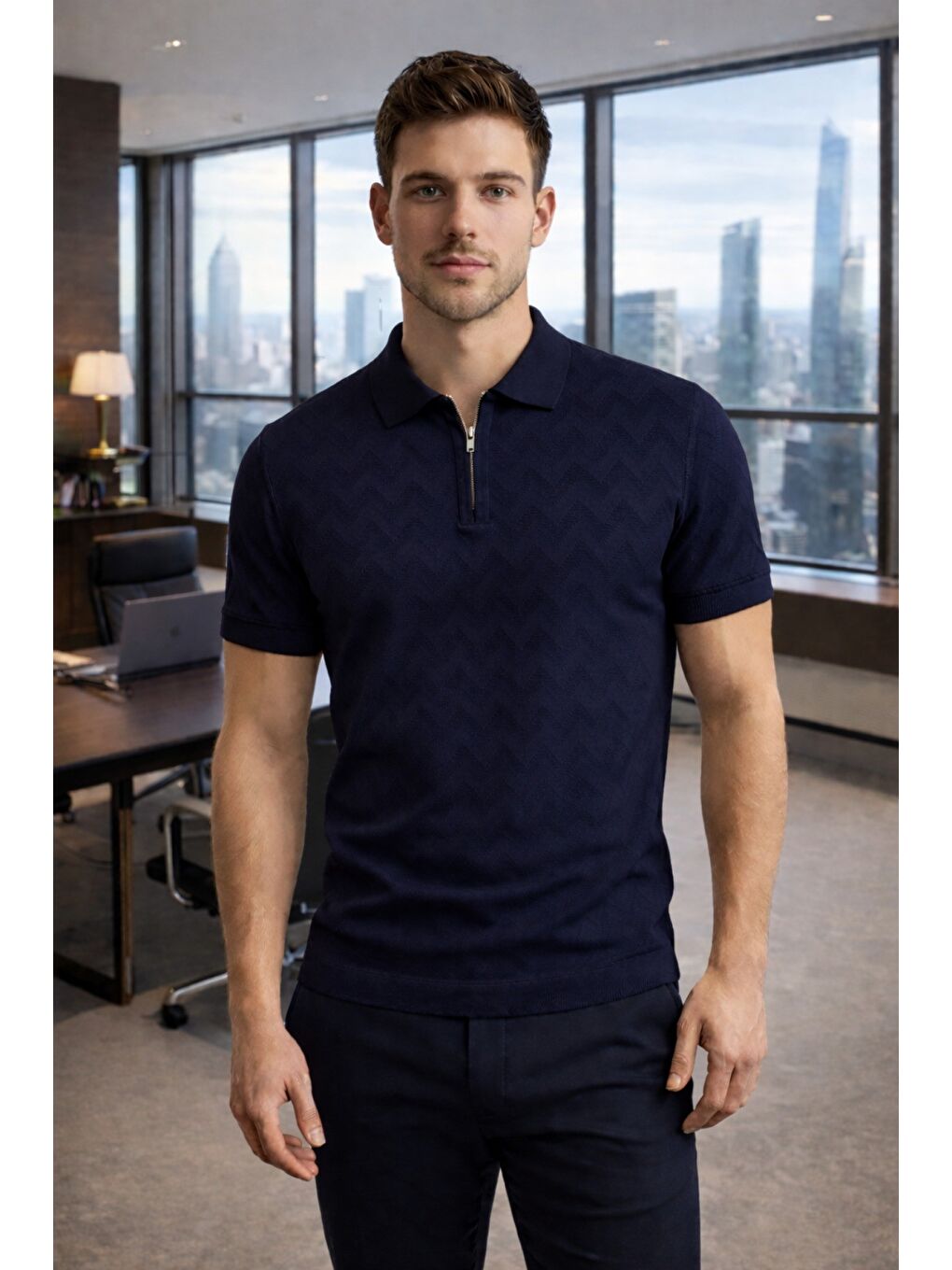 Lacivert Erkek Slim Fit Fermuarlı Polo Yaka Triko Tişört